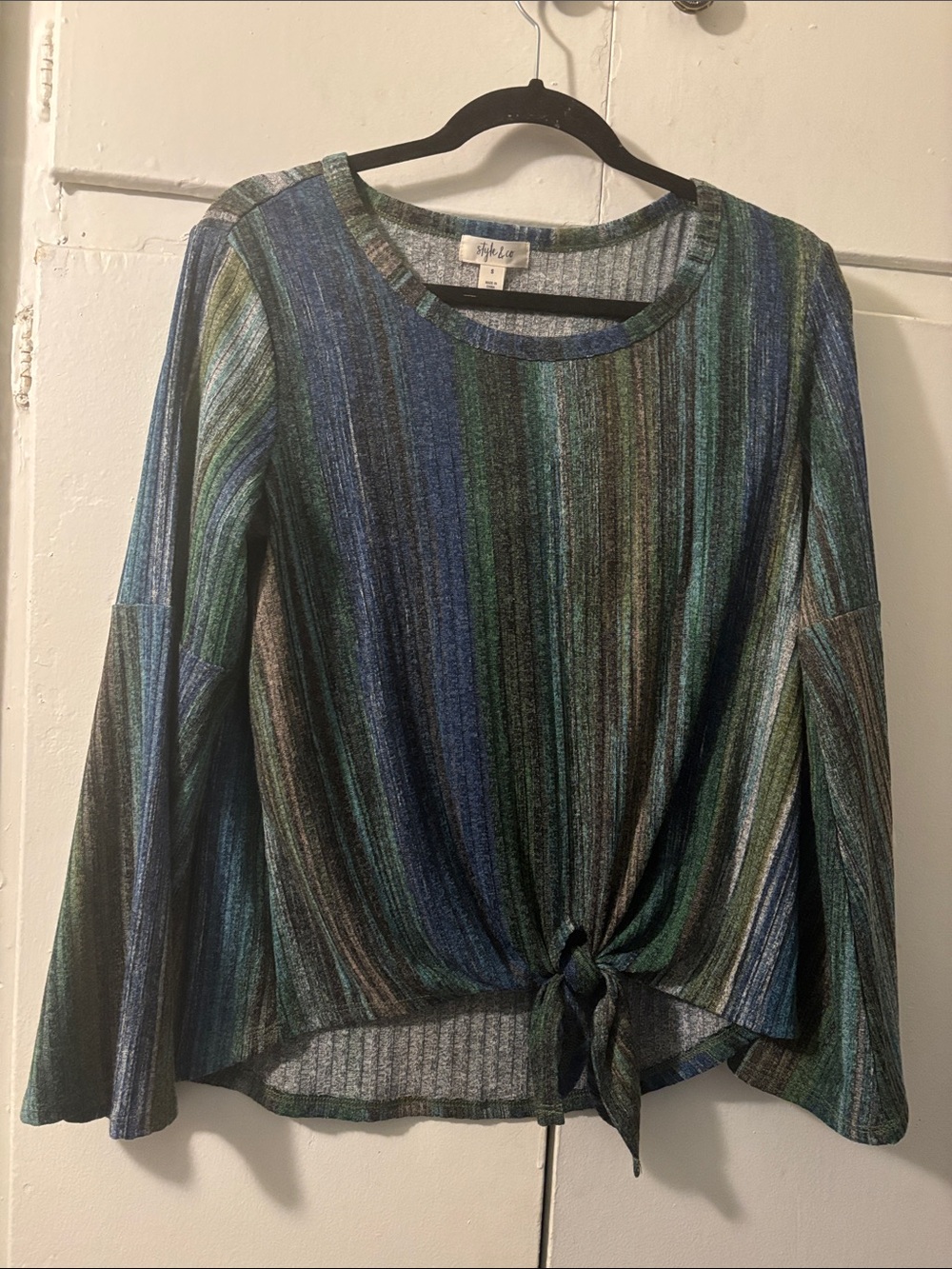 Style & Co. Multicolor Striped Tie-Front Long Sleeve Top in Blue & Green Tones